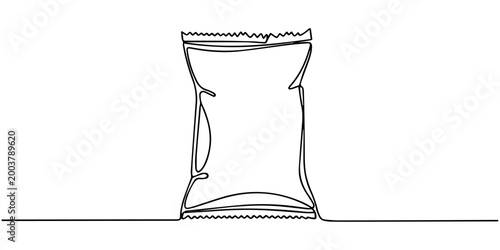Abstract one line drawing of a snack bag, Continuous one line drawing of opened bag of potato chips. Simple vector illustration, Pack of chips in one line on a white background. Stock illustration