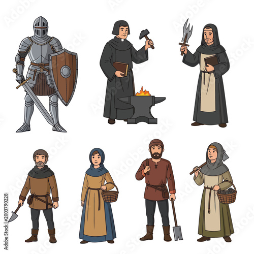 Medieval Occupations: Knight, Blacksmith, Monk, Farmer, Villagers Set