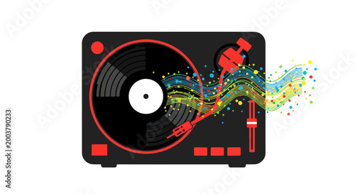 Retro Turntable Playing Vibrant Music Waves