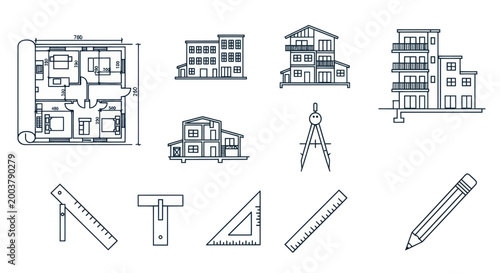 Architectural Design Set: Blueprints, Buildings, Tools, Pencil