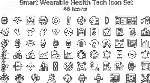 Smart Wearable Health Tech Icon Set Featuring Fitness Tracking, Vital Monitoring, Smart Devices and Digital Healthcare Concepts