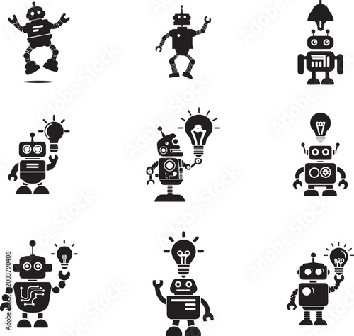 Creative robot silhouettes with lightbulb idea concept and artificial intelligence theme design