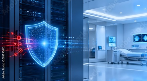Hospital server cybersecurity protection system blocking malware and virus attacks in medical environment