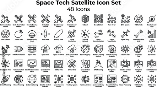 Space Tech Satellite Icon Set Featuring Orbit Systems, Communication, Remote Sensing, GPS Tracking and Aerospace Technology Concepts