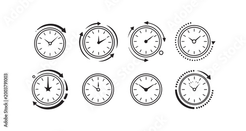 Bild auf Leinwand Clock icons with rotating arrows, stopwatch and timer elements for timekeeping and measurement