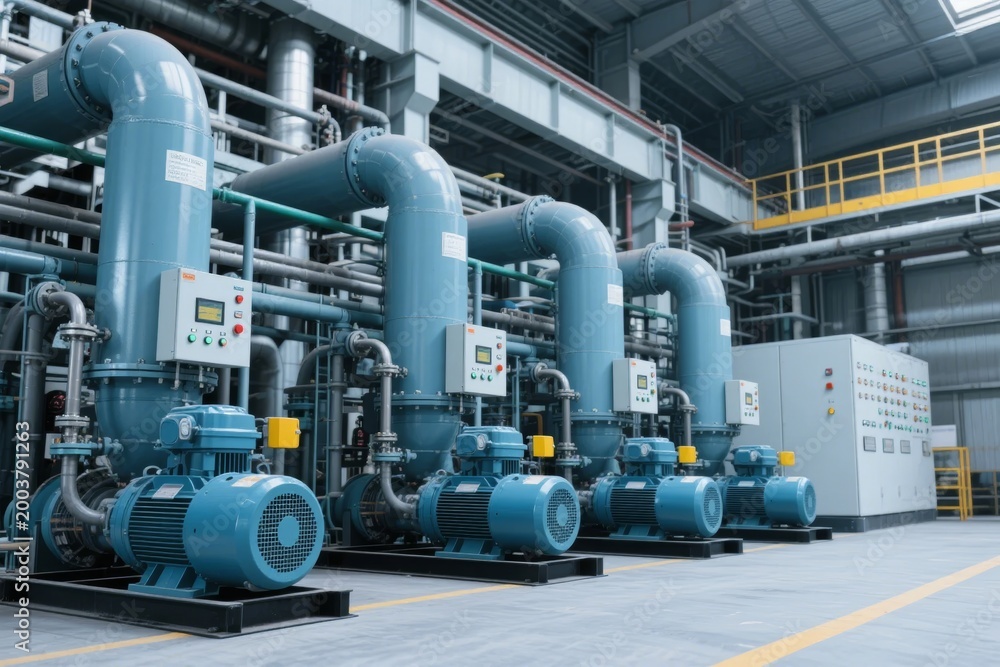 Fototapeta premium Industrial facility with large blue pumps and piping system in a factory setting