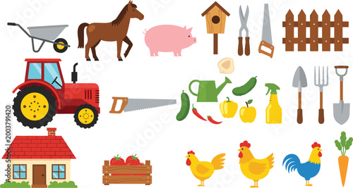 Farm and agriculture vector icon set with tractor animals tools vegetables house and rural elements illustration collection