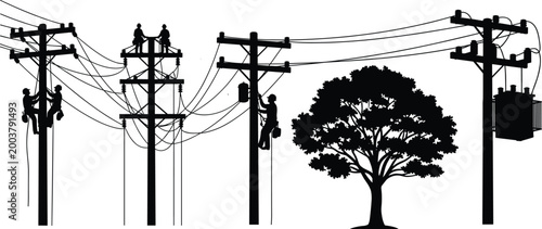 Electrical linemen working on power poles silhouette with transmission lines tree and utility infrastructure vector illustration