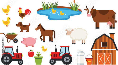 Farm animals and agriculture elements vector set with barn tractor cow horse sheep pig and poultry illustration