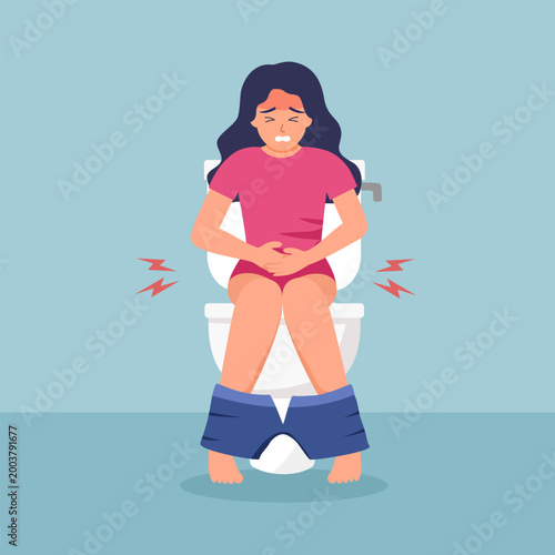 Woman sitting on toilet and suffering from stomach ache. Diarrhea constipation digestive problem, abdominal pain. Vector illustration