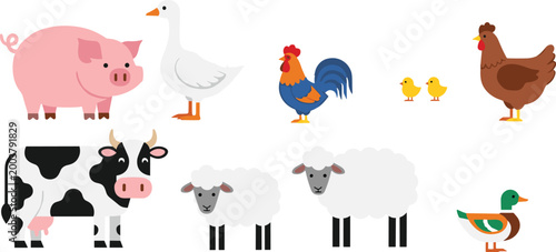 Foto Cute farm animals vector set with pig cow sheep chicken duck goose rooster and c
