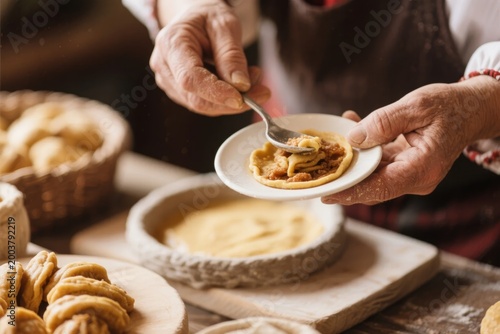 Elderly hands preparing traditional food, filling a small pastry with savory ingredients in a rustic kitchen setting