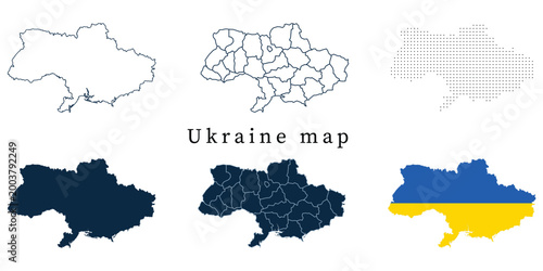 Ukraine Map Vector Set Featuring Outline, Administrative Regions, Dotted Pattern, Solid Silhouette, and Flag Map. Detailed Geography Illustration for Education, Travel, and Design Assets.
