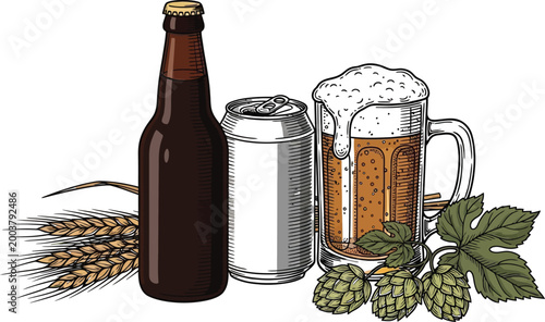 Brewery still life beer bottle glass and hops a refreshing silhouette