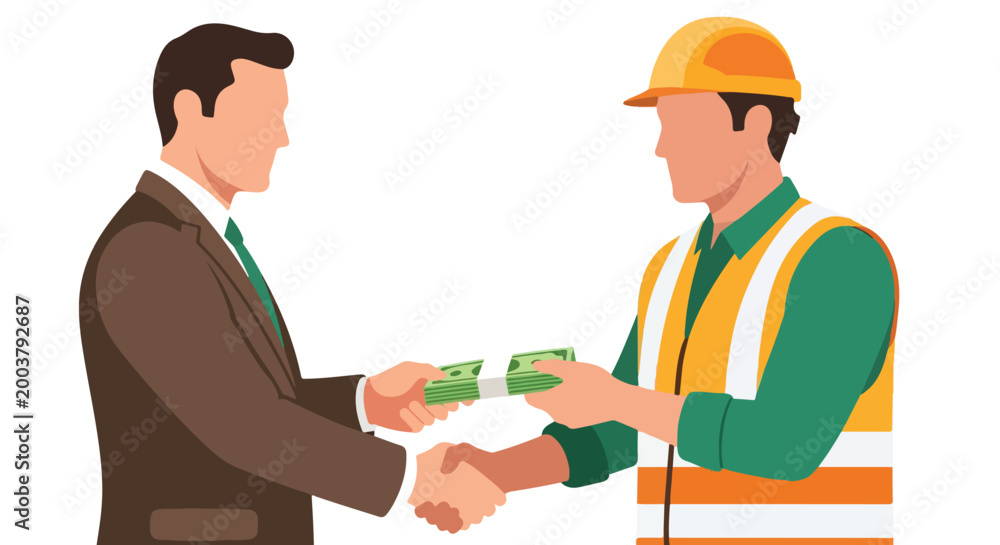 Fototapeta premium Businessman shaking hands with a construction worker while giving them cash money