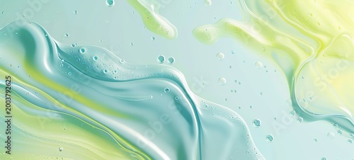 Abstract fluid background with teal and yellow flowing waves, glossy texture, and subtle bubbles. Ideal for beauty product ads, skincare branding, wellness visuals, and fresh, modern website banners.