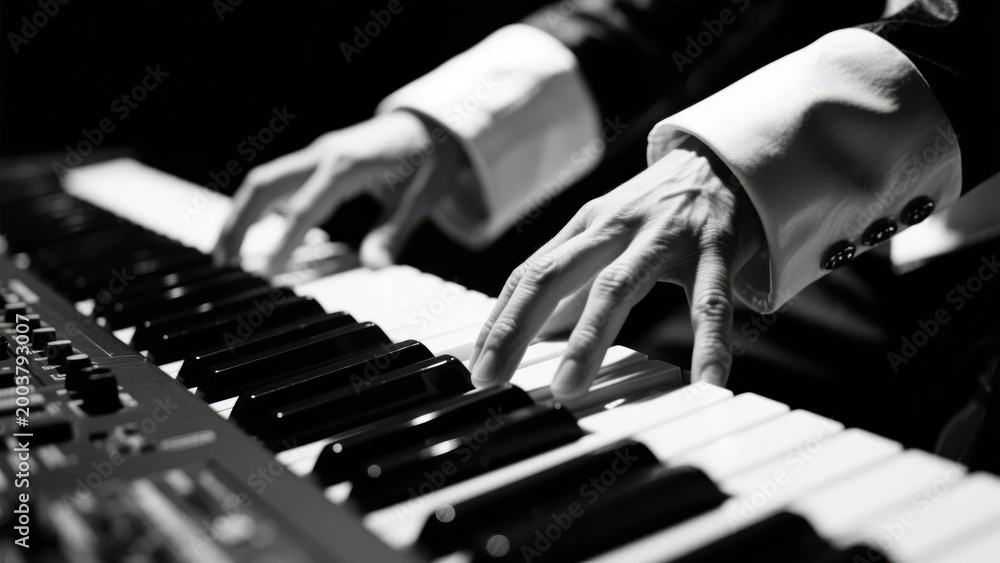Fototapeta premium Close-up of hands playing a keyboard instrument in black and white