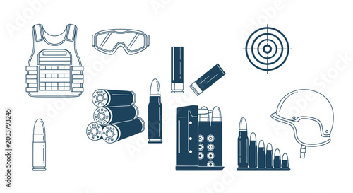 Schilderij op canvas Military Gear and Ammunition Icon Set: Bulletproof Vest, Helmet, Goggles, Bullet