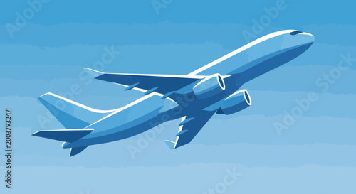Modern Airplane Ascending in Blue Sky with Clouds - Travel and Aviation Concept