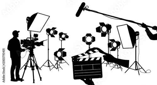 Filmmaking production set with camera, lights, boom mic, and clapperboard silhouette