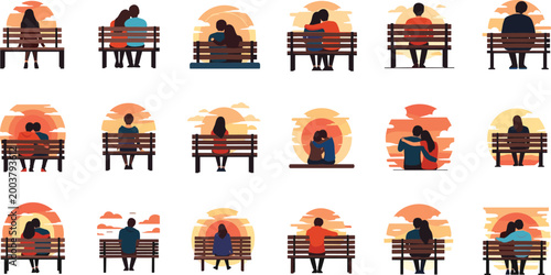 Set of couple sitting on park bench watching sunset illustrations for graphic design project