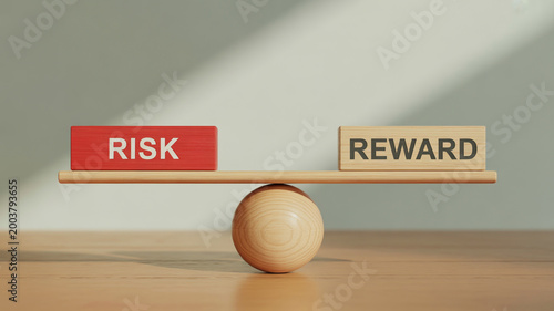 A conceptual image illustrates the perfect balance between risk and reward on a wooden seesaw scale