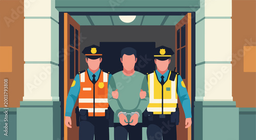 Two police officers escorting a handcuffed man out of a building entrance doors