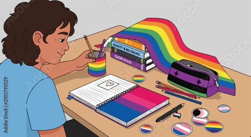 A person sits at a desk with pride-themed notebooks, pens, and rainbow flags