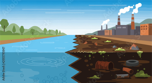 Comparison between a clean natural river and a polluted industrial river bank