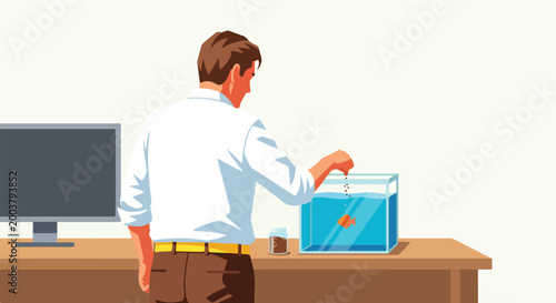 A man in a white shirt feeds a goldfish in a clear aquarium on his office desk