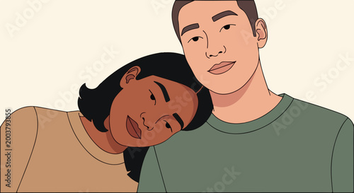 A young woman resting her head gently on the shoulder of a young man together
