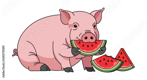 A cute pink cartoon pig sitting and happily eating slices of fresh watermelon
