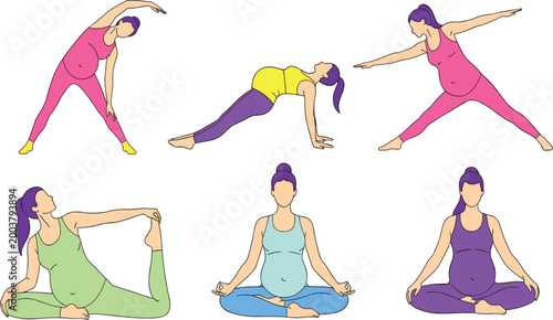 Women Yoga Poses Cartoon Vector Set with Stretching, Meditation, Balance, Flexibility Exercises, and Healthy Lifestyle Activities for Fitness and Wellness Design.