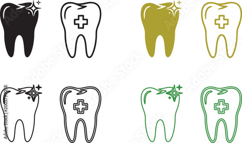 Dental tooth with medical cross and sparkles, various colors