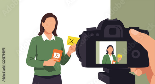 A woman holds cards with crosses while being filmed by a digital camera