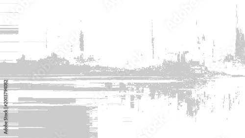 Glitchy distorted digital abstract with grey pixels on white background