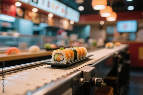 Sushi rolls on a conveyor belt in a Japanese restaurant
