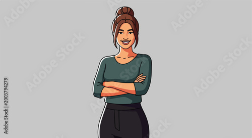 An illustrated woman with a top-knot hairstyle poses with arms crossed confidently
