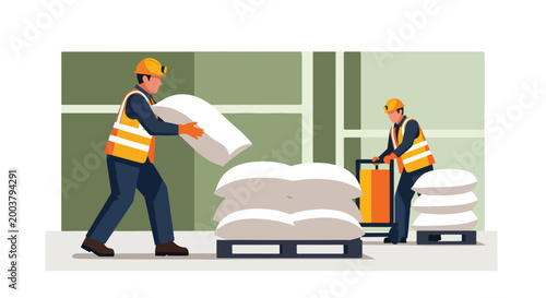 Two workers in high-visibility vests stack white heavy sacks in a warehouse