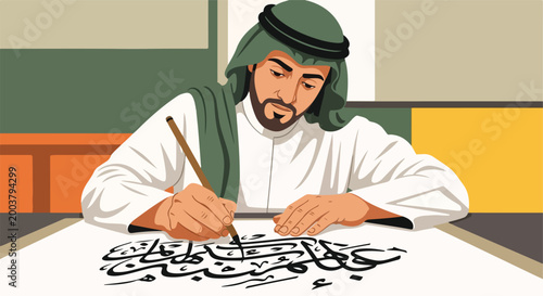 An Arab man in traditional clothing drawing intricate Arabic calligraphy on paper