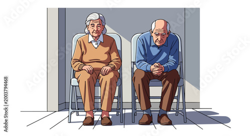 An elderly man and woman sitting on folding chairs side-by-side in waiting room