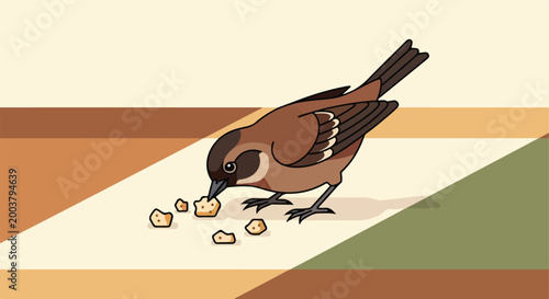 A brown sparrow eating small crumbs of bread on a flat, minimalist surface