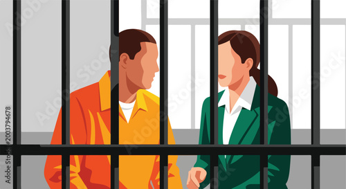 An inmate in orange and a lawyer in a green suit talking behind prison bars