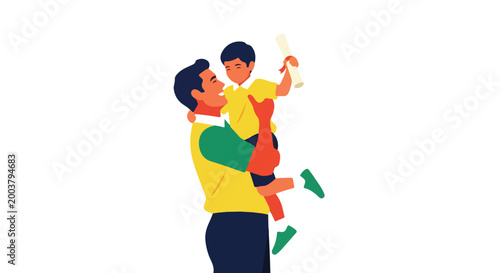 A proud father lifts his young son who is holding a rolled graduation diploma