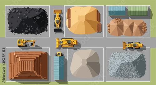 Aerial view of a construction material storage yard with heavy machinery vehicles
