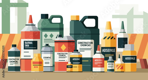 A collection of various colorful containers and bottles of construction chemicals