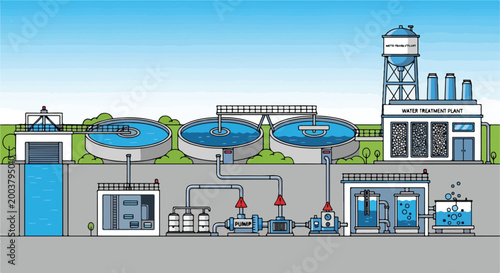 A diagram showing the filtration and pumping process of a water treatment plant