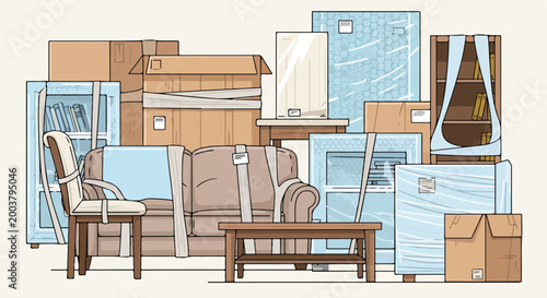 Illustration showing household furniture and cardboard boxes packed for a house move