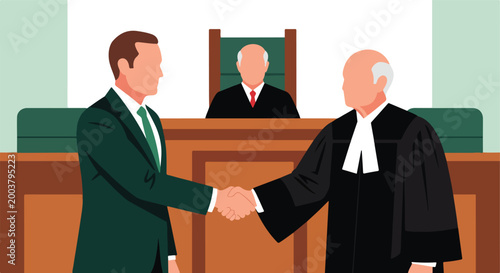A lawyer and judge shake hands in a courtroom with another judge at the bench