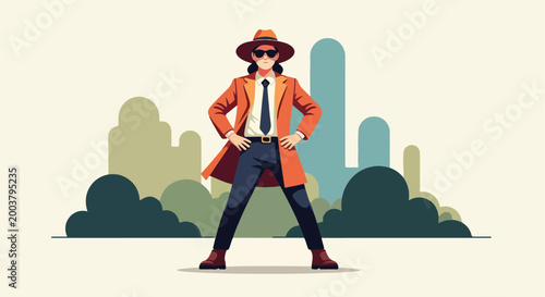 A person in a hat, sunglasses, and orange coat standing before city buildings